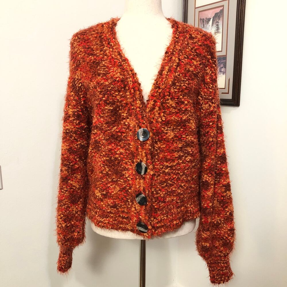 Textured Boucle Knit Button Front Cardigan Rust Orange Brown‎ Small Soft Grunge